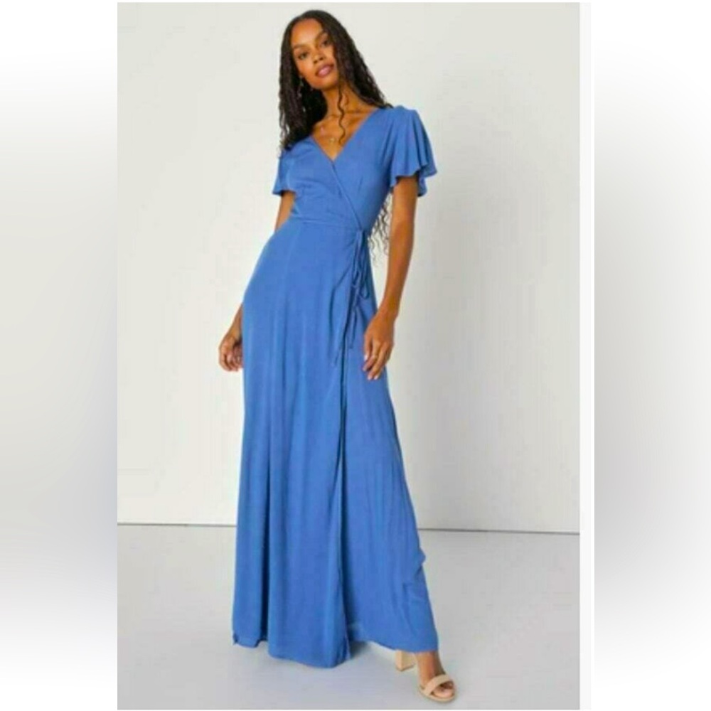 LULUS Heart of Marigold Wrap Maxi Dress, Denim Blue- Medium